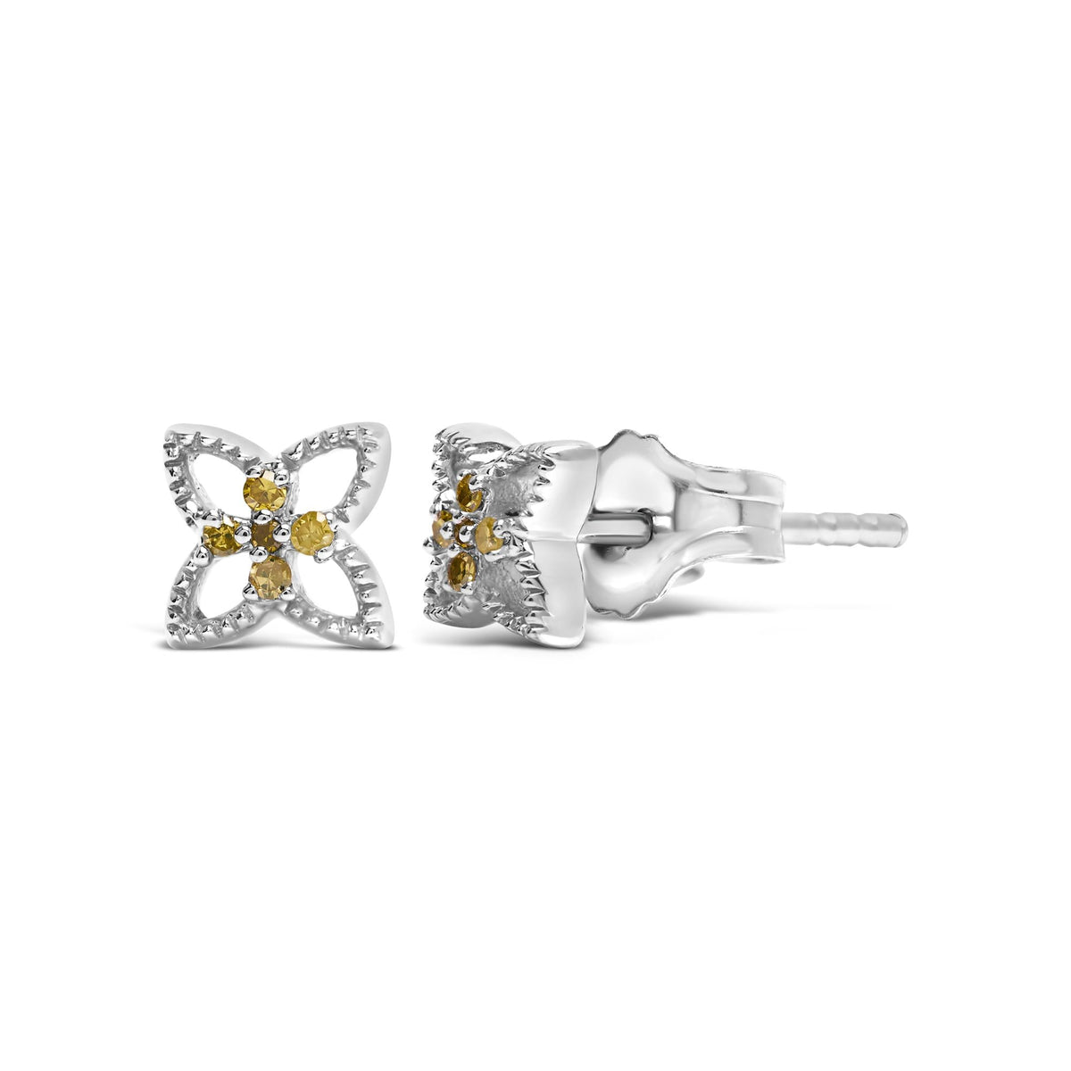 925 Sterling Silver Yellow Diamond Accent 4 Petal Flower Stud Earring (Yellow Color, SI1-SI2 Clarity)