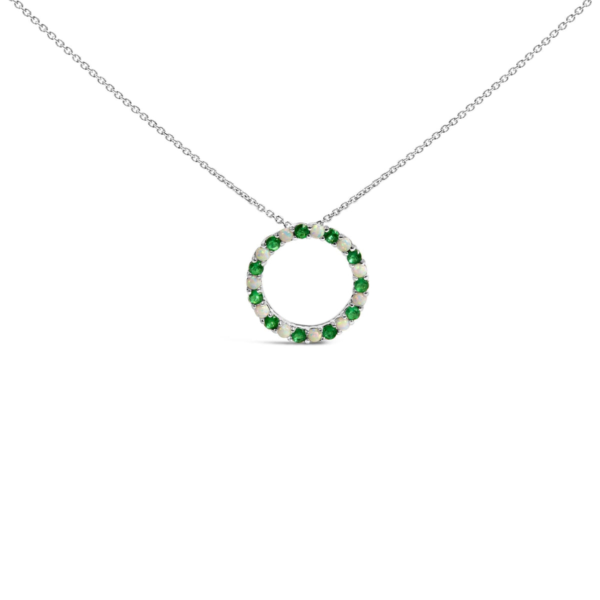 .925 Sterling Silver Alternating Created Green Emerald and Opal Circle Pendant Necklace