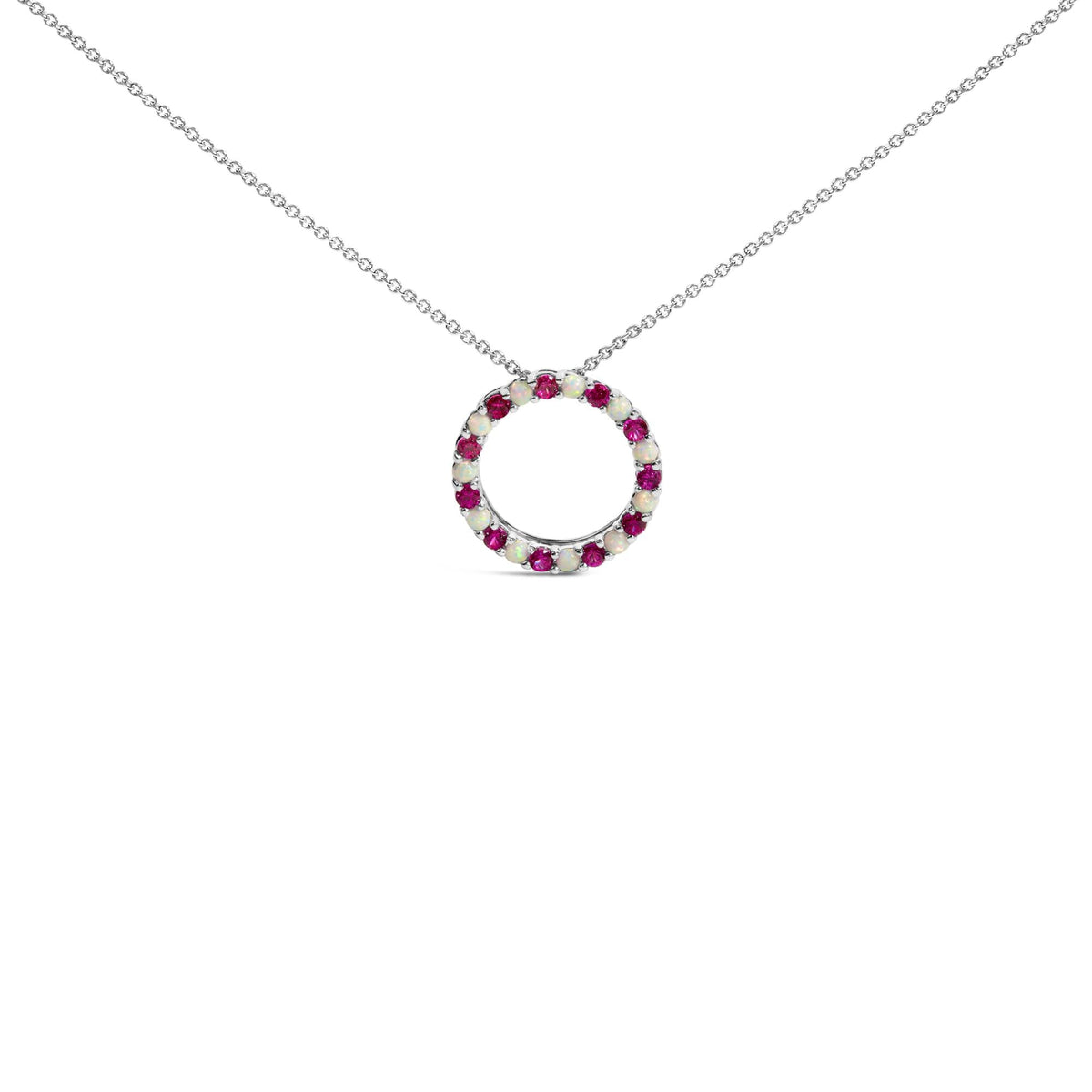 .925 Sterling Silver Alternating Created Red Ruby and Opal Circle Pendant Necklace