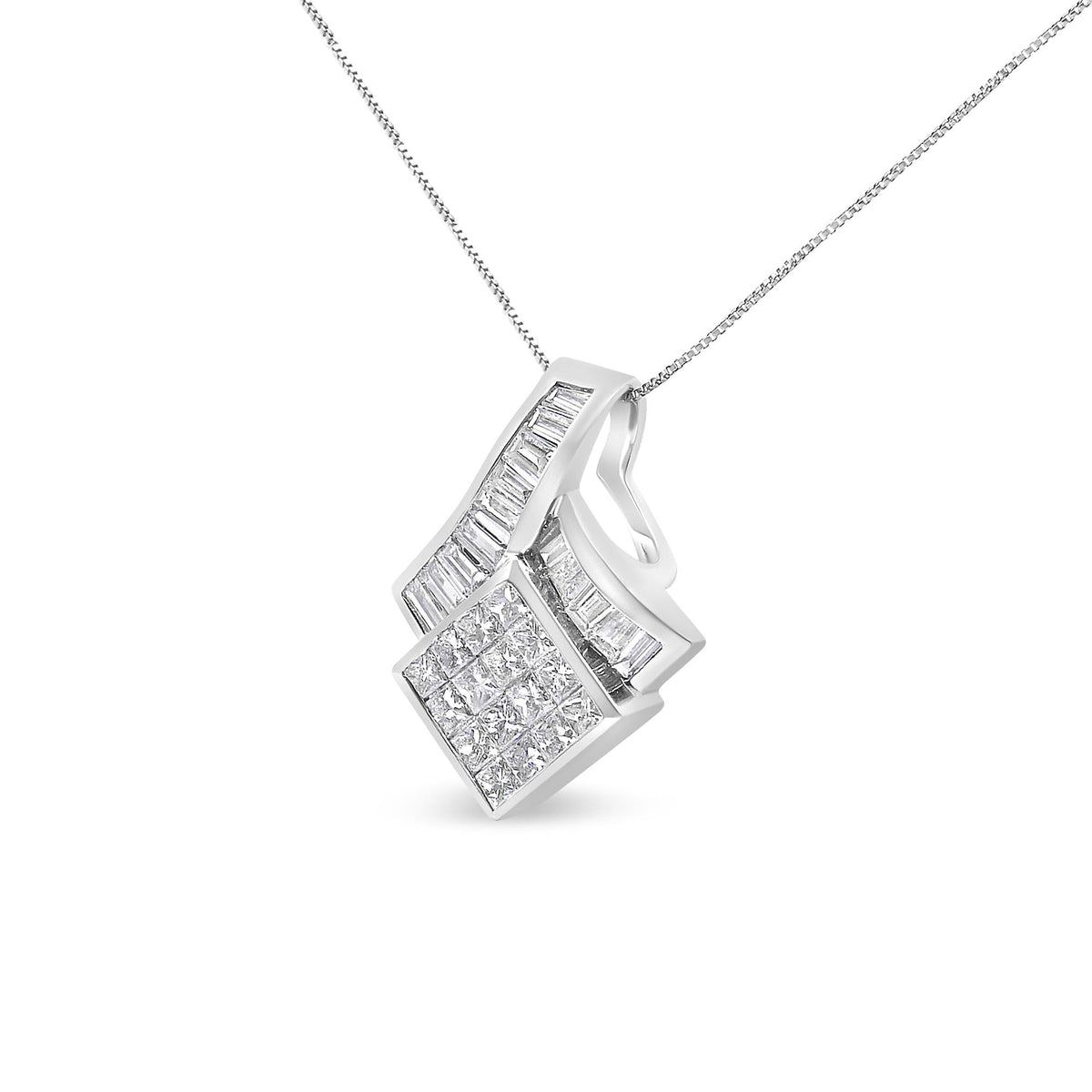 14k White Gold 2 1/10 Cttw Princess and Baguette Geometric Designed Diamond Pendant Necklace (G-H Color, VS1-VS2 Clarity) - NO CHAIN INCLUDED