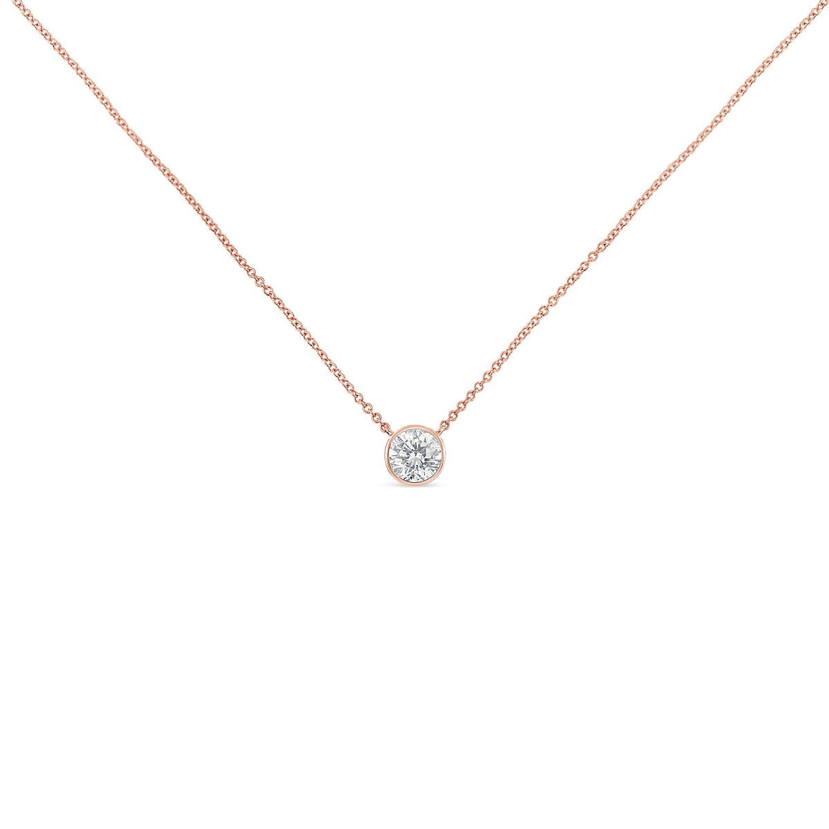 10K Rose Gold 3/10 Carat Round Brilliant-Cut Diamond Modern Bezel-Set Solitaire 16"-18" Pendant Necklace (H-I Color, SI2-I1 Clarity) - JackiEaslick
