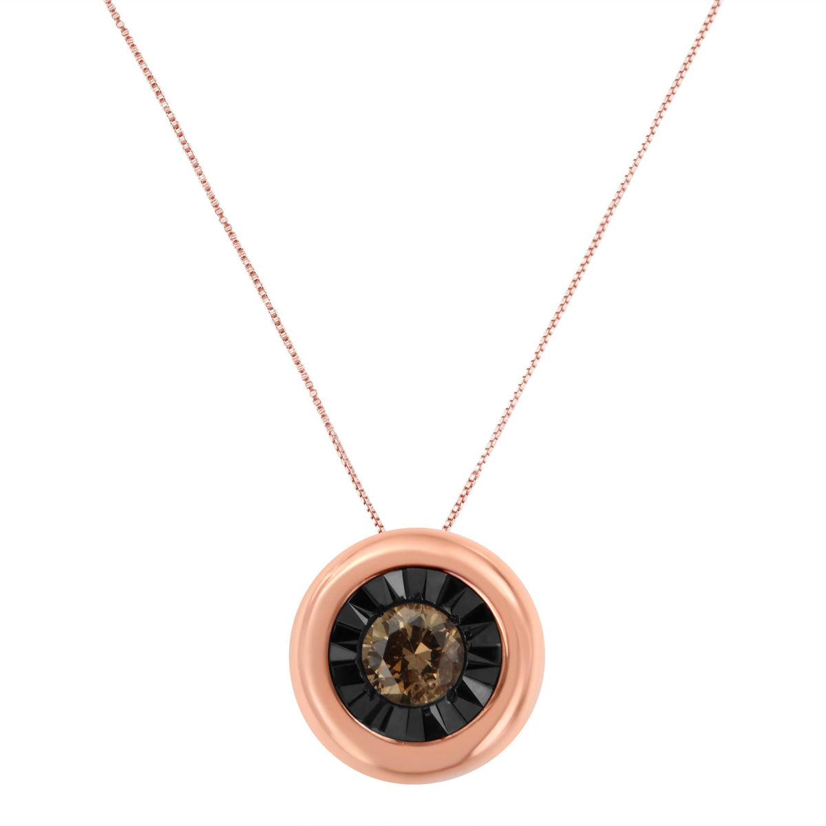 Black Rhodium over 10K Rose Gold 1/10 Carat Diamond Two Tone Round Miracle-Plate Solitaire 18” Pendant Necklace (Champagne Color, I2-I3 Clarity) - JackiEaslick