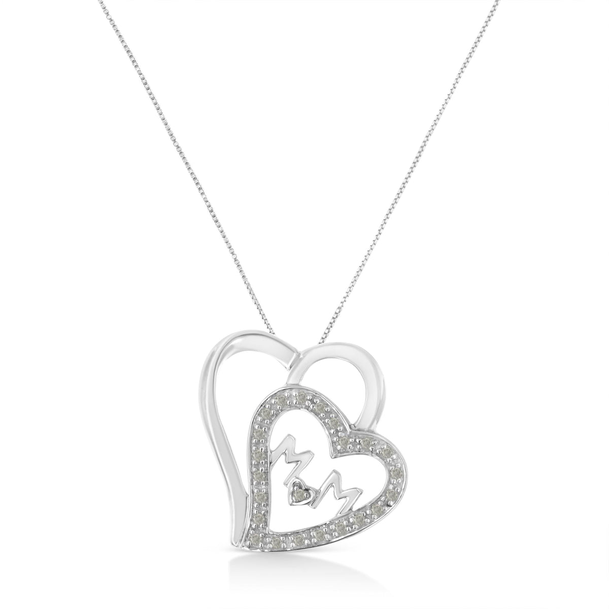.925 Sterling Silver 1/10 Cttw Diamond Double Heart and Mom 18" Pendant Necklace (I-J Color, I3 Clarity) - JackiEaslick