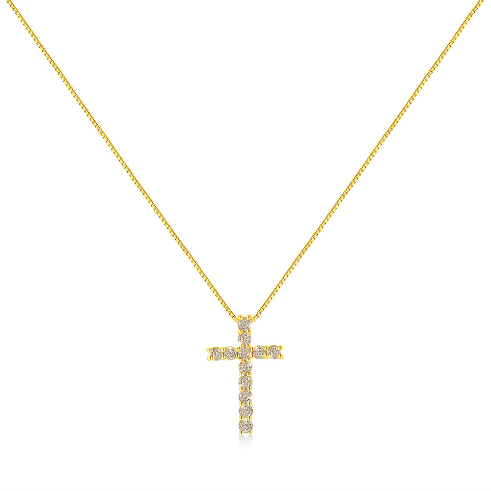 10K Yellow Gold Plated .925 Sterling Silver 1/2 Cttw Fancy Champagne Diamond Cross 18" Pendant Necklace (K-L Color, I1-I2 Clarity)