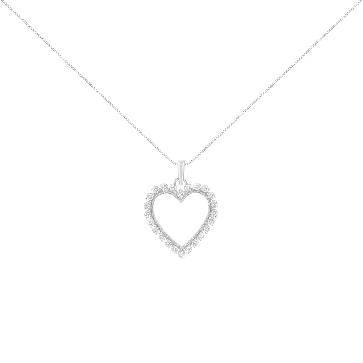 .925 Sterling Silver 1/2 Cttw Prong Set Diamond Encrusted Open Heart 18" Inch Pendant Necklace (I-J Color, I1-I2 Clarity)