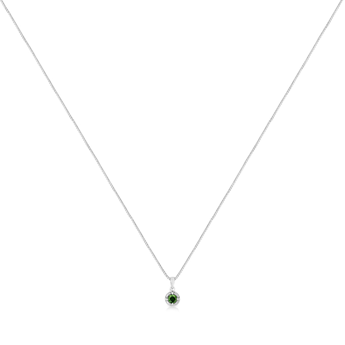 .925 Sterling Silver Treated Color Diamond Solitaire 18" Milgrain Pendant Necklace
