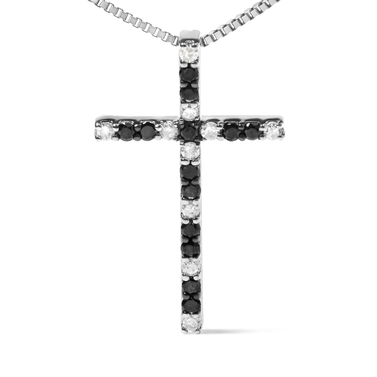 .925 Sterling Silver 1/4 Cttw Black and White Diamond Cross 18" Pendant Necklace (H-I Color, I2-I3 Clarity)
