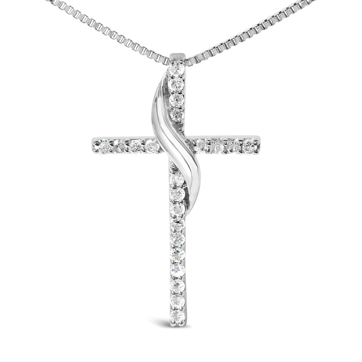 .925 Sterling Silver 1/4 Cttw Diamond Ribbon Swirl over Cross Pendant Necklace (H-I Color, I2-I3 Clarity) - 18" Inches