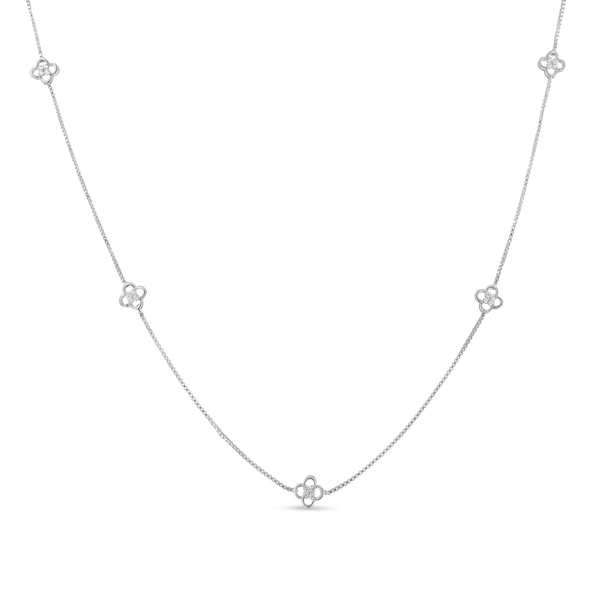 .925 Sterling Silver 1/4 Cttw Diamond Open Quatrefoil Flower Floating Station 18" Necklace (I-J Color, I1-I2 Clarity) - JackiEaslick