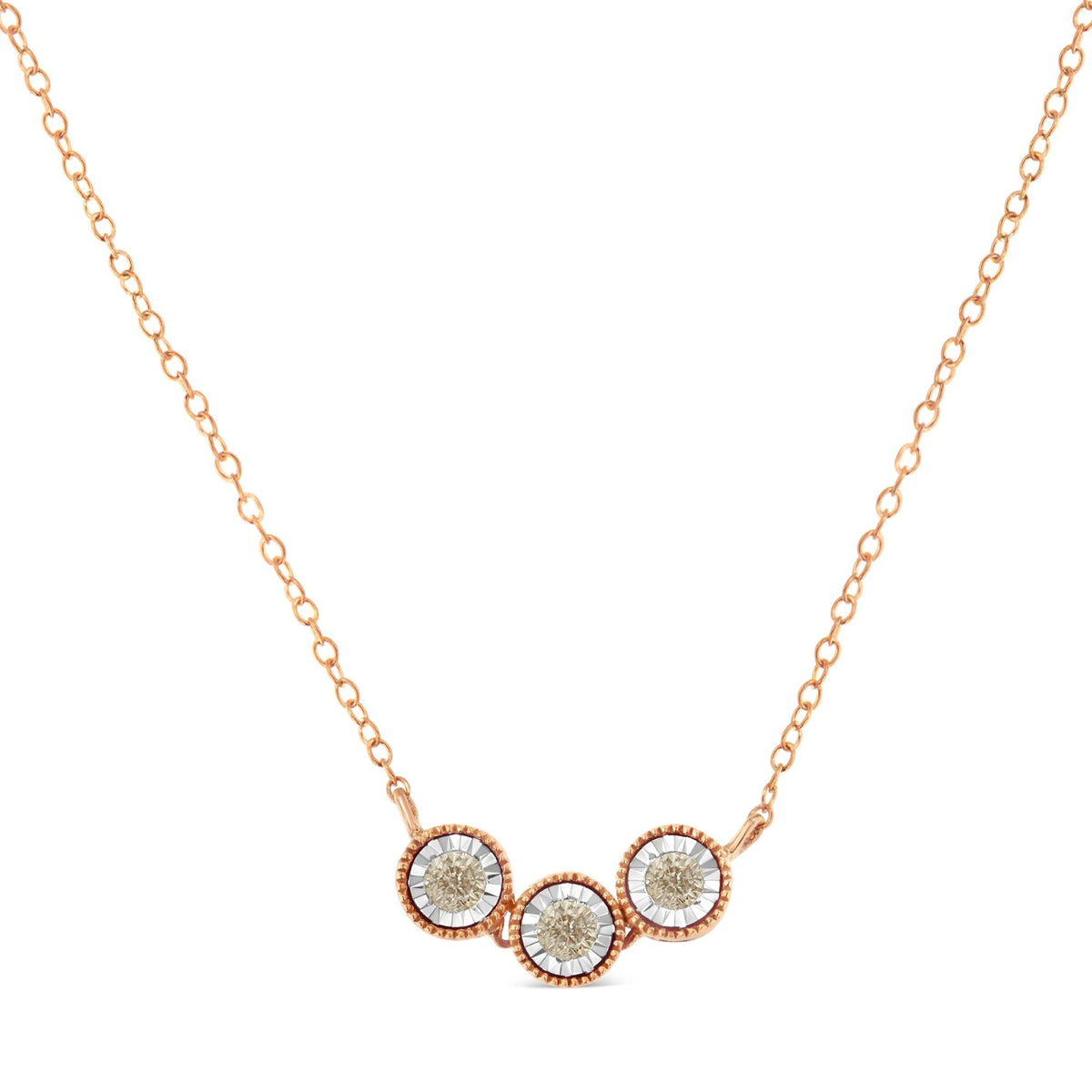 10K Rose and White Gold Plated .925 Sterling Silver 1/4 Cttw Miracle-Set Champagne Diamond Triple Circle 18" Necklace (I2-I3 Clarity) - JackiEaslick