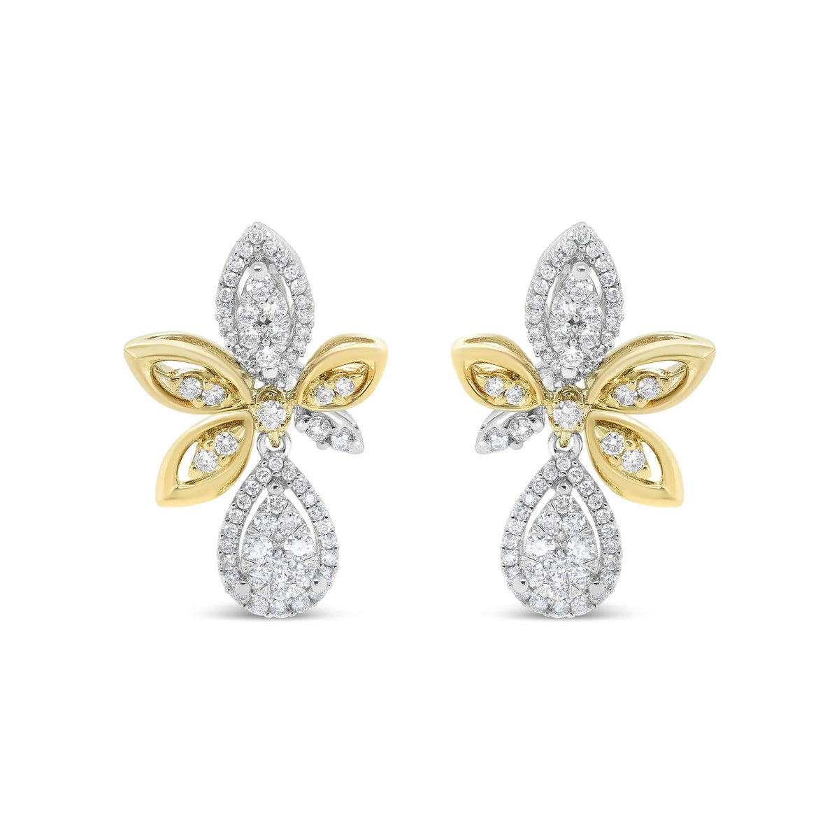 14K White and Yellow Gold 1.00 Cttw Round Pave-Set Diamond Teardrop and Marquise Shape Drop Dangle Earrings (H-I Color, SI1-SI2 Clarity)