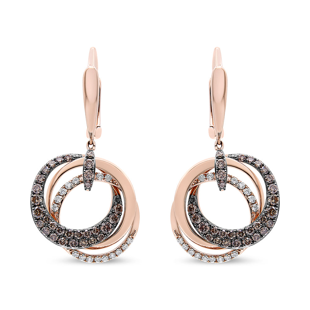 14K Rose Gold 1.00 Cttw White and Brown Diamond Intertwining Hoops and Circle Dangle Earrings (H-I/Brown Color, SI1-SI2 Clarity)
