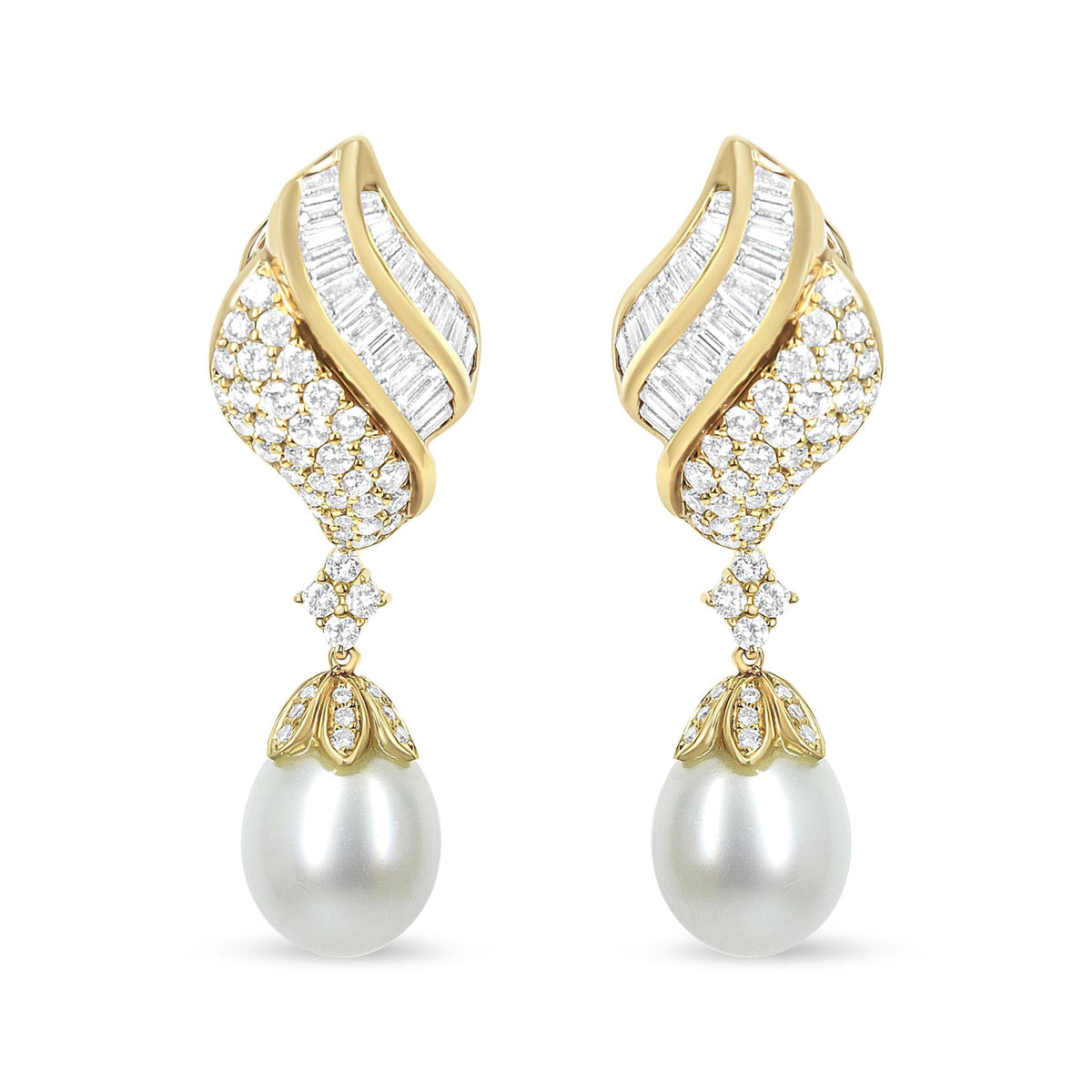 18k Yellow Gold 7.0 Cttw Baguette and Round Diamond South Sea Pearl Drop Dangle Clip-On Earrings (F-G Color, VS1-VS2 Clarity)