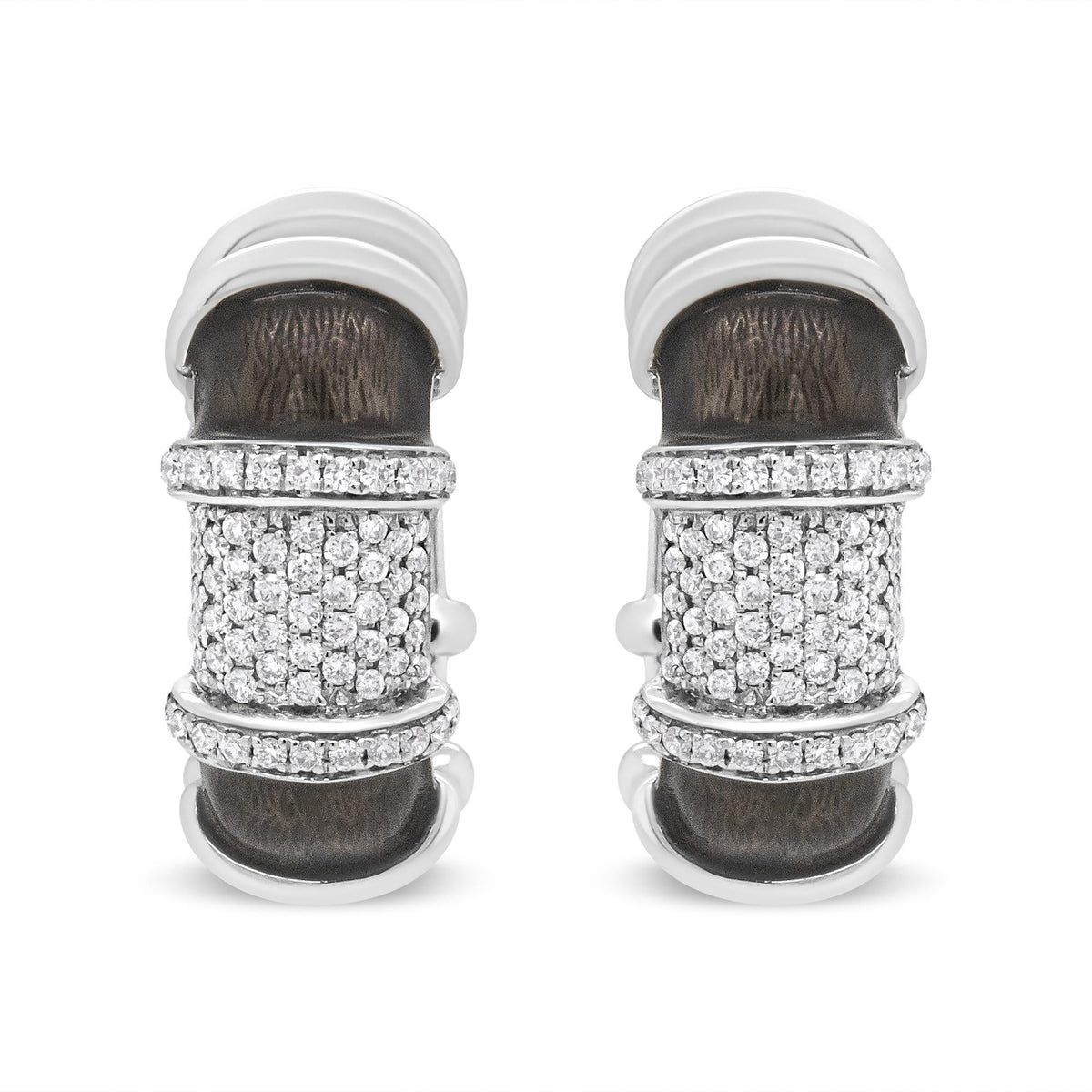 18K White Gold Flash Plated .925 Sterling Silver Clear Graphite Grey Enamel 5/8 Cttw Round Diamonds Huggie Hoop Earrings (F-G Color, VS1-VS2 Clarity)