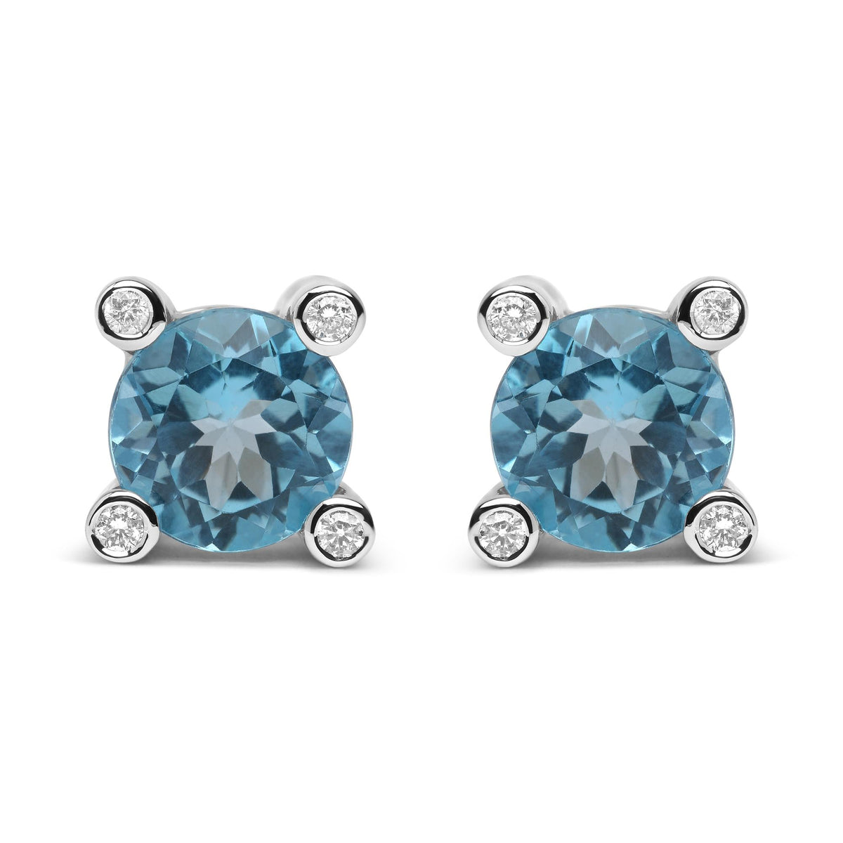 18K White Gold 1/10 Cttw Round Bezel Diamond and 10x10mm Round Sky Blue Topaz Gemstone Stud Earrings (G-H Color, I1-I2 Clarity)