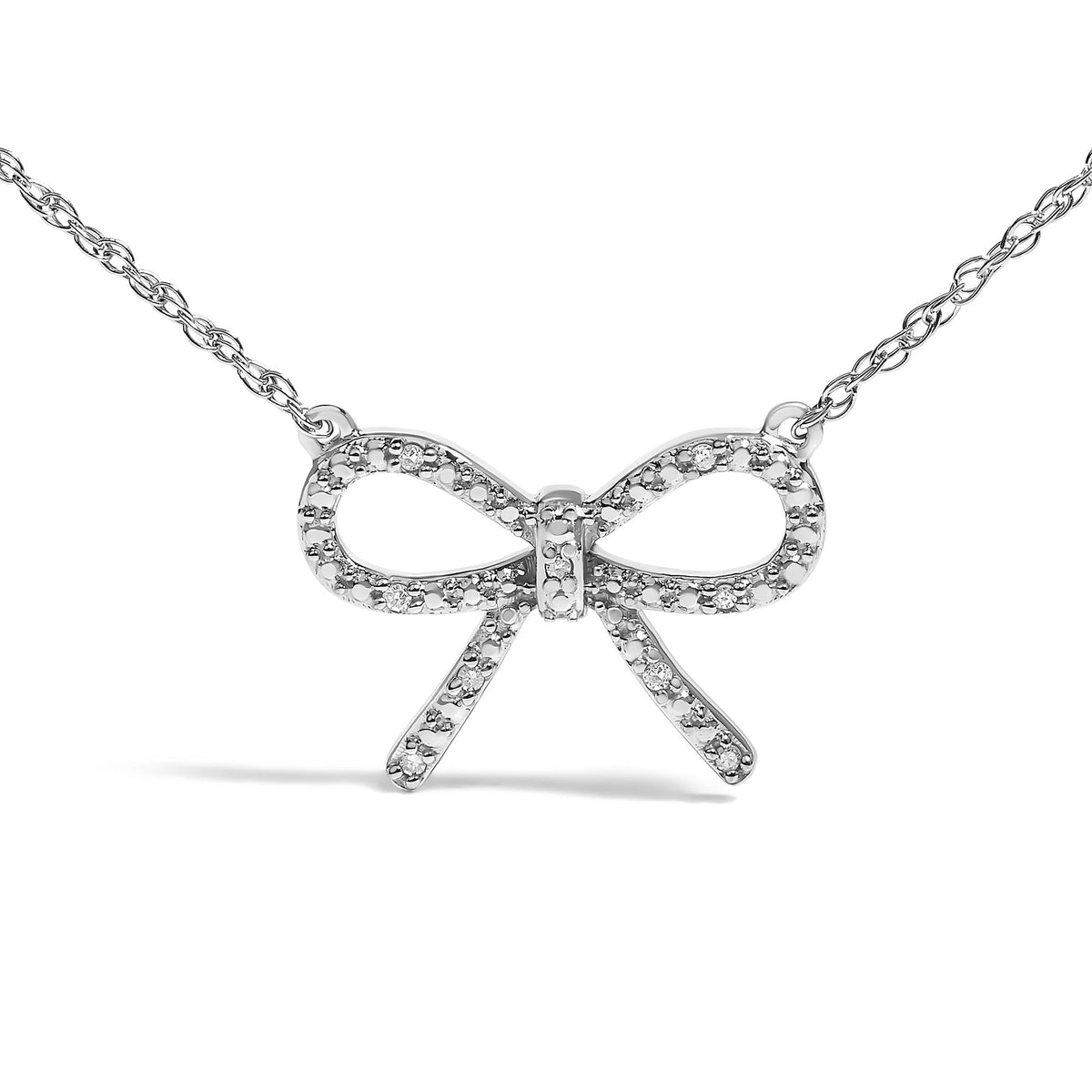 .925 Sterling Silver Diamond Accent Ribbon Bow Knot Pendant Necklace (J-K Color, I2-I3 Clarity) - 18" Inches