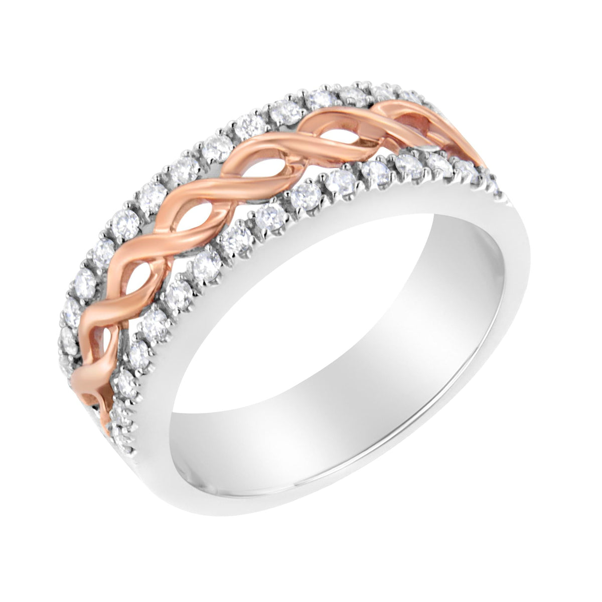 10K White and Rose Gold 1/3 Cttw Diamond Split Shank and Infinity Ribbon Band Ring (I-J Color, I1-I2 Clarity) - JackiEaslick