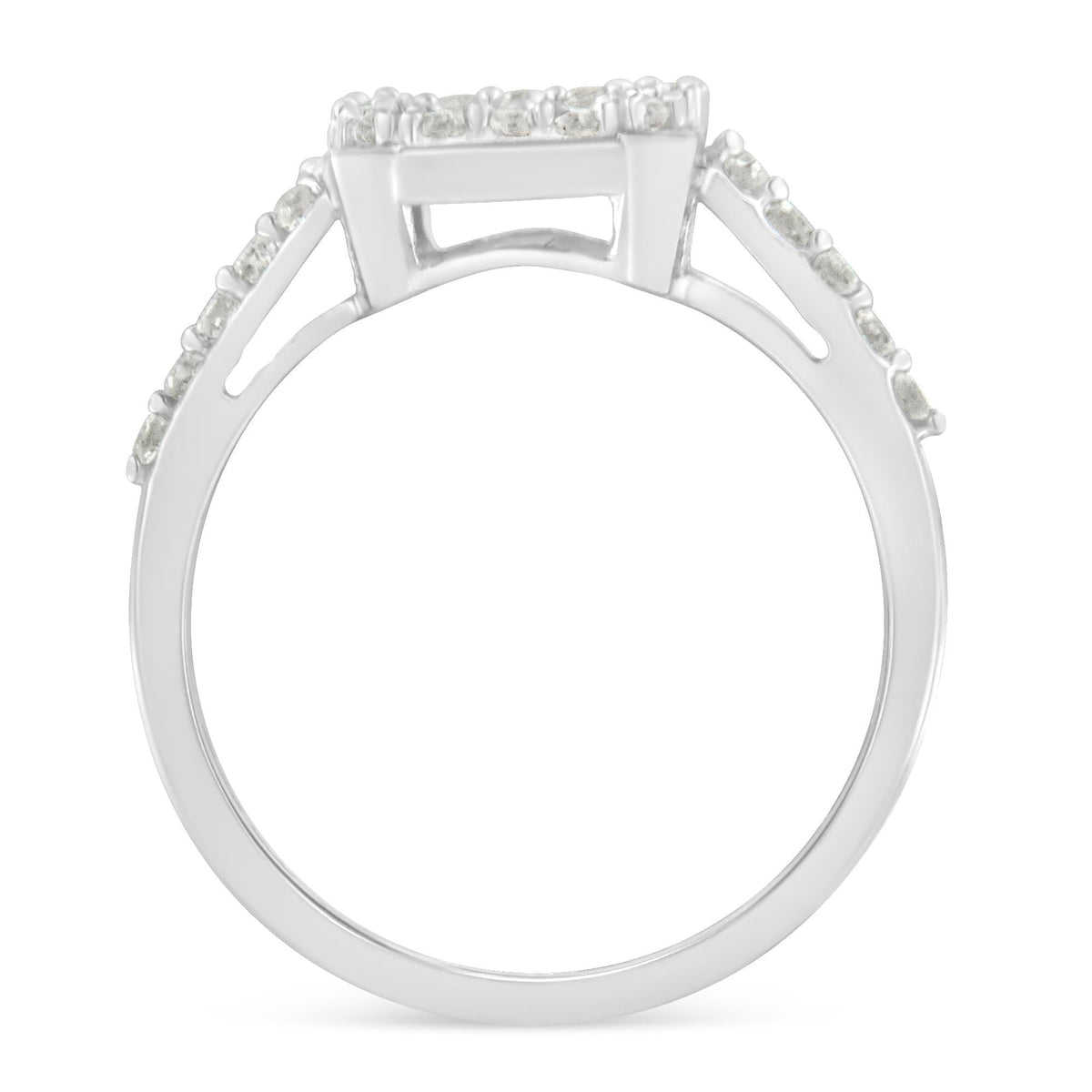 .925 Sterling Silver 1.0 Cttw Diamond Emerald-Shaped Cluster with Halo Cathedral Style Cocktail Ring (I-J Color, I3 Clarity) - JackiEaslick
