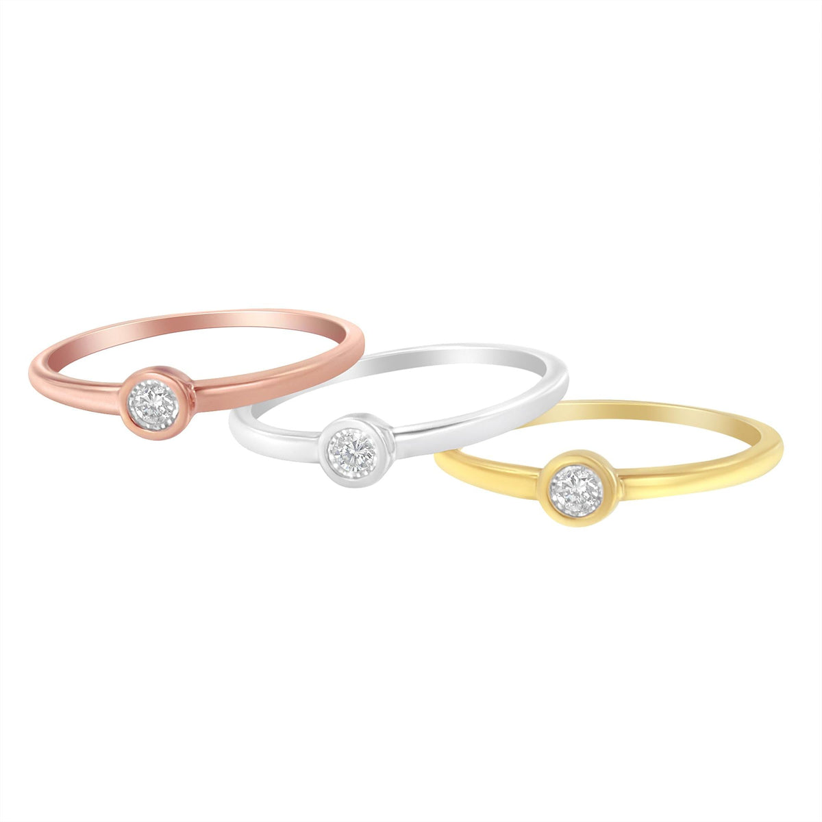 Tri-Color 14K Gold Plated .925 Sterling Silver 1/6 Cttw Round Miracle-Set Diamond Stacking Promise Ring Set (J-K Color, I1-I2 Clarity) - JackiEaslick