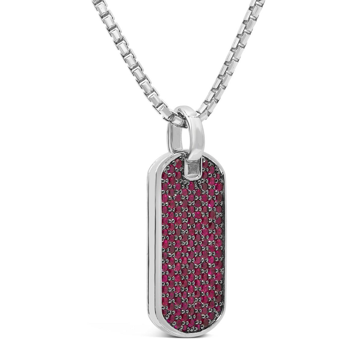 Men's .925 Sterling Silver Created Red Ruby Dog Tag Pendant Necklace - 22" Inches