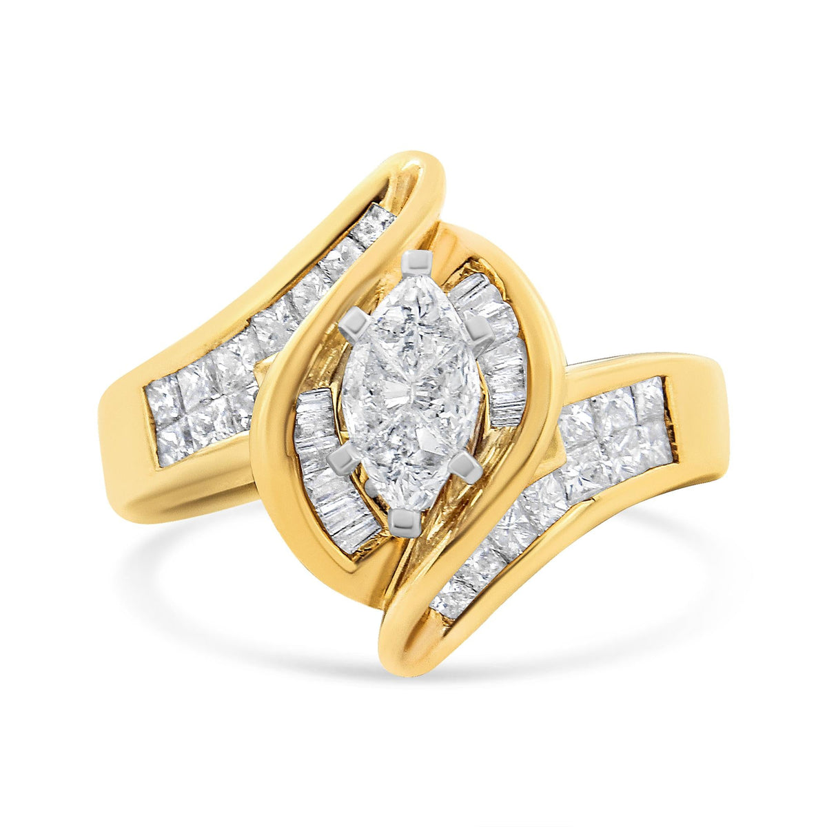 14K Yellow Gold Princess, Baguette, and Pie cut Diamond Marquise Shaped Ring (1 1/4 Cttw, G-H Color, SI1-SI2 Clarity) - JackiEaslick