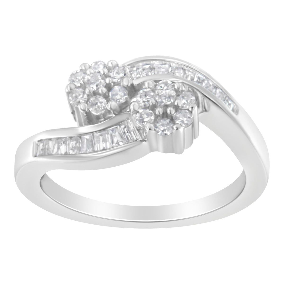 14K White Gold Round and Baguette Diamond Bypass Ring (1/2 cttw, H-I Color, I1-I2 Clarity) - JackiEaslick