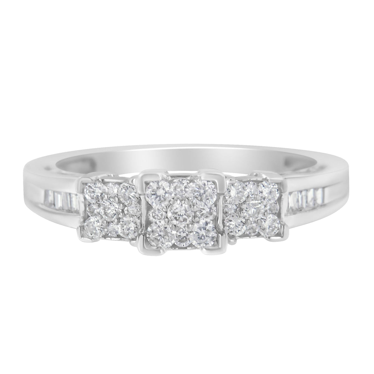 10K White Gold 1/2 Cttw Brilliant & Baguette Cut Diamond 3 Stone Design with 3 Square Clusters Engagement Ring (H-I Color, SI2-I1 Clarity) - JackiEaslick