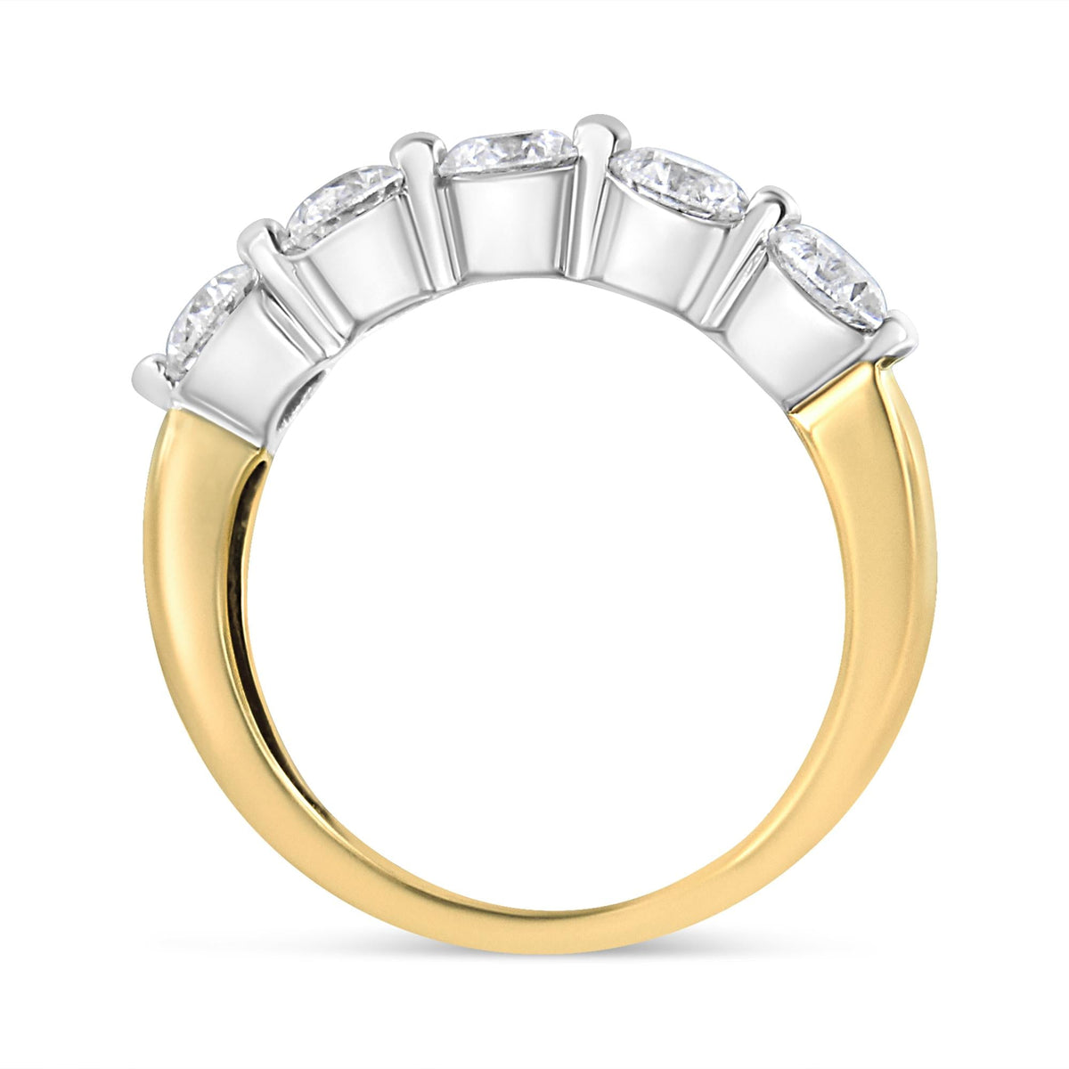 14K White and Yellow Gold 1 1/2 Cttw 2 Prong Cup Set Round-Cut Diamond 5 Stone Ring Band (H-I Color, SI2-I1 Clarity)