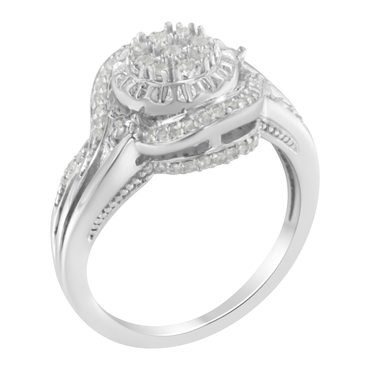 .925 Sterling Silver 1/4 Cttw Diamond Round Cluster Miracle-Plate Halo Split Shank Band Cocktail Engagement Ring (I-J Color, I3 Clarity) - JackiEaslick