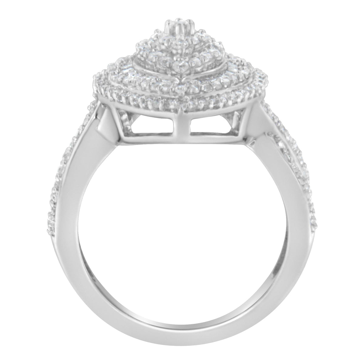.925 Sterling Silver 1.0 Cttw Round & Baguette-Cut Diamond Marquise-Shaped Cluster Triple Stepped Halo Cocktail Fashion Ring (I-J Color, I2-I3 Clarity) - JackiEaslick