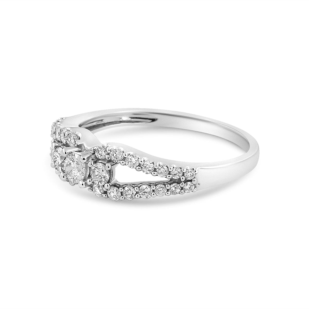 10K White Gold 1/2 Cttw Round Cut Diamond Three Stone Split Shank Band Ring (H-I Color, SI1-SI2 Clarity) - JackiEaslick