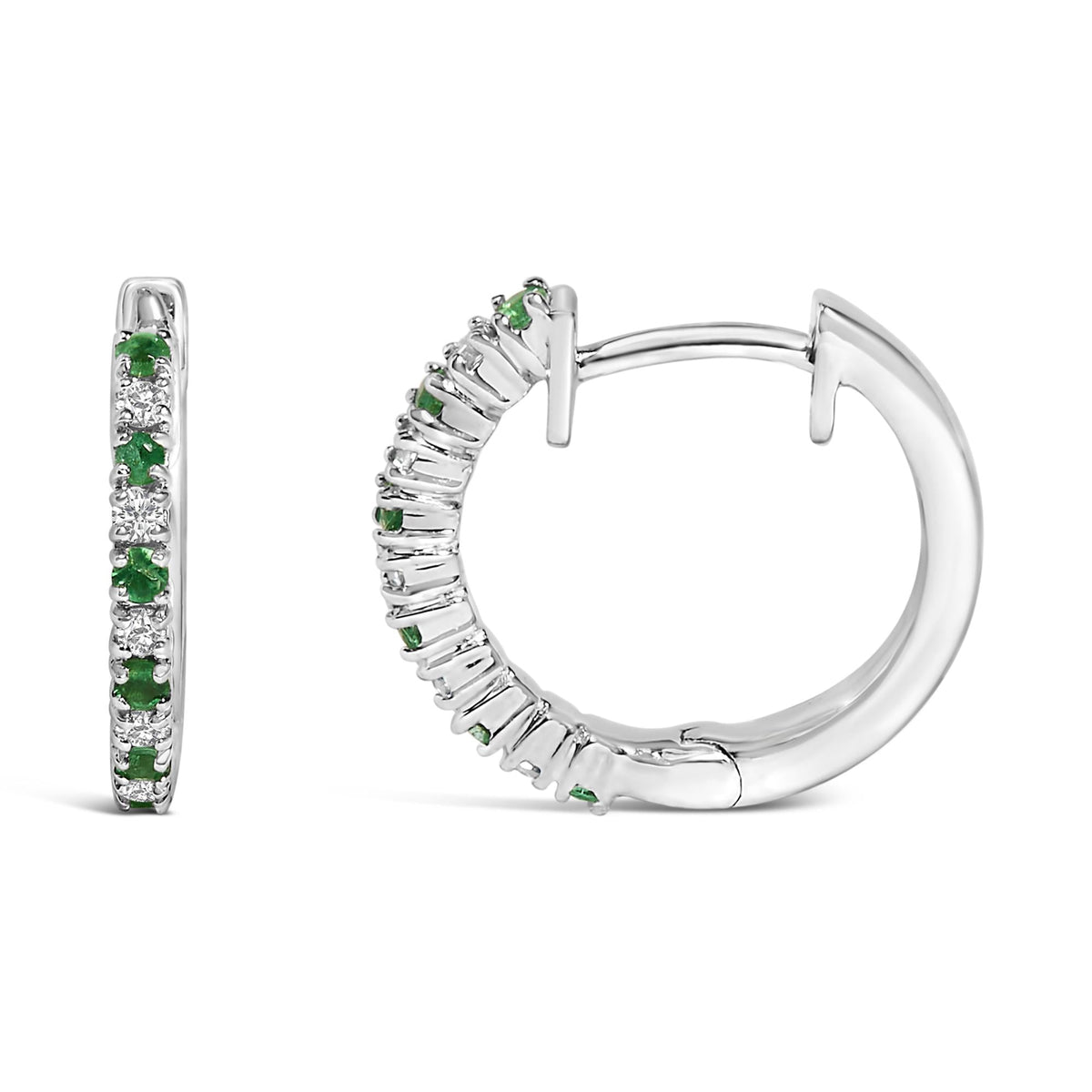10K White Gold Alternating Emerald 1/10 Cttw Diamond Huggy Hoop Earrings (I-J Color, I1-I2 Clarity)