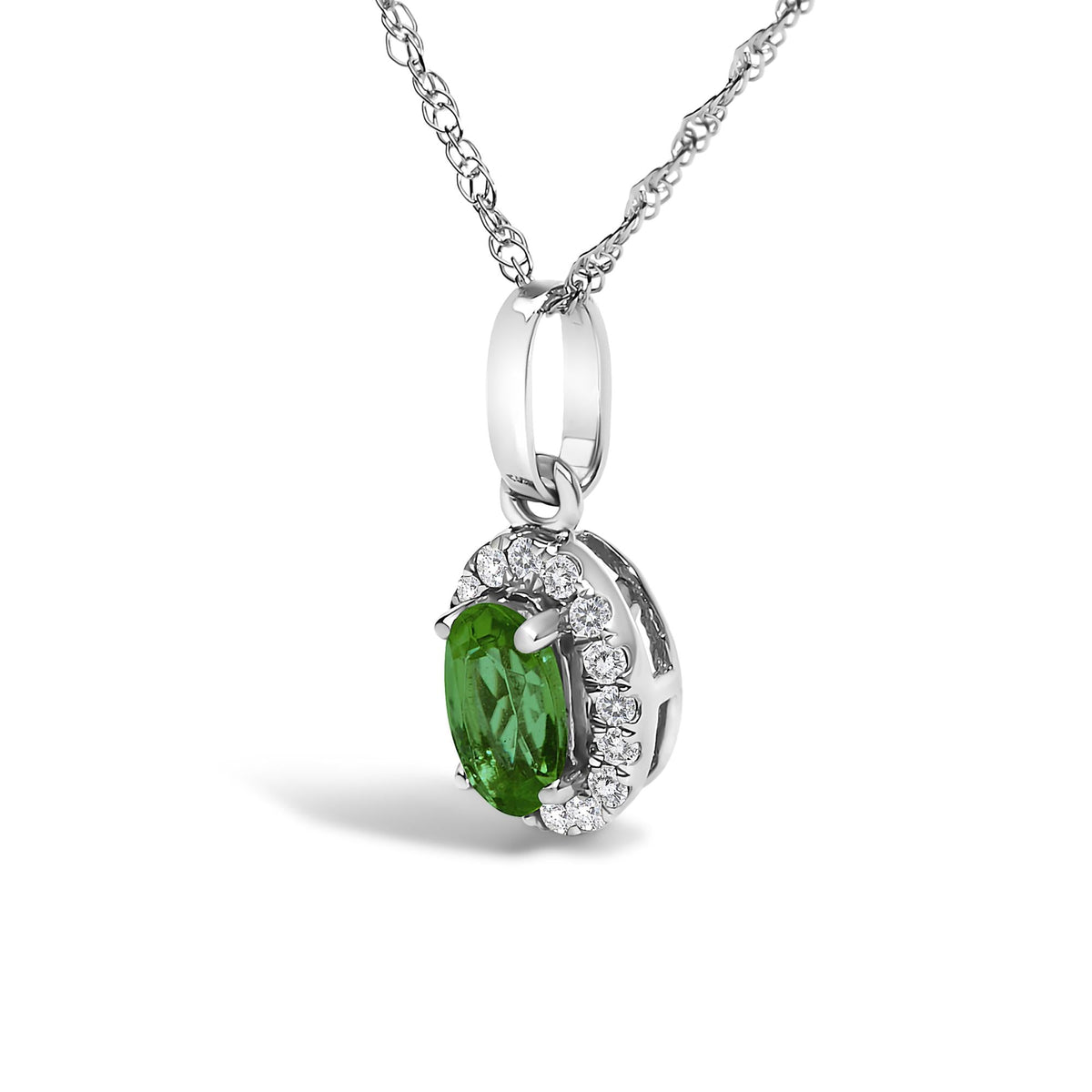 10K White Gold 5x3mm Gemstone and Diamond Accent Halo Oval Shape 18" Pendant Necklace (I-J Color, I1-I2 Clarity)