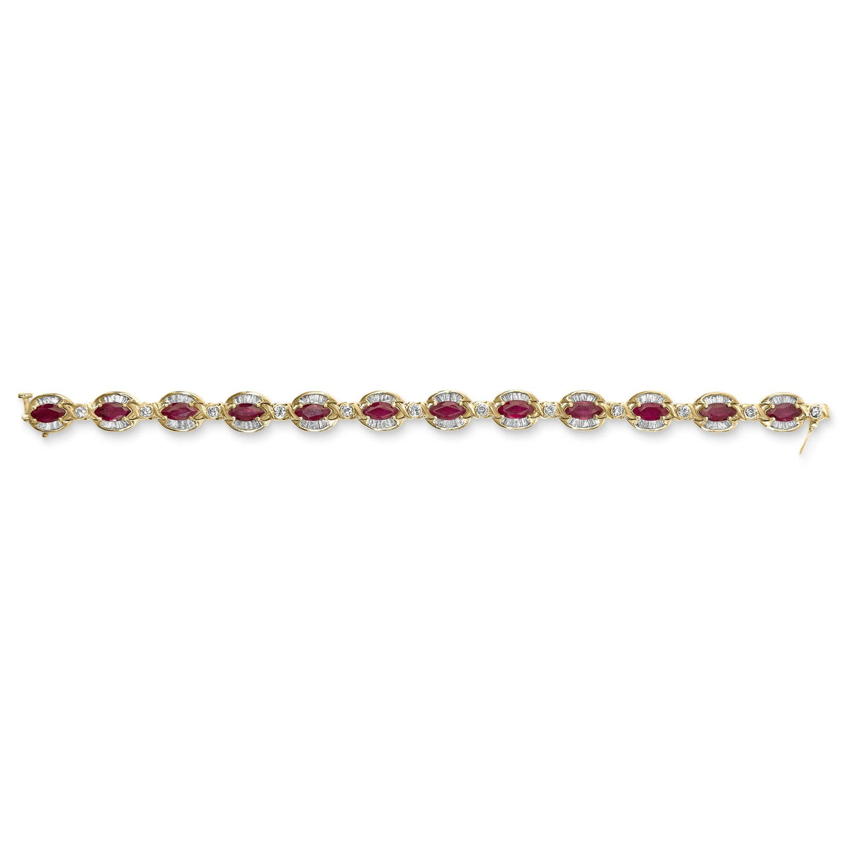 14K Yellow Gold 8x4 MM Marquise Red Ruby and 2.0 Cttw Diamond Vintage Style Oval Link Bracelet - 7.25"