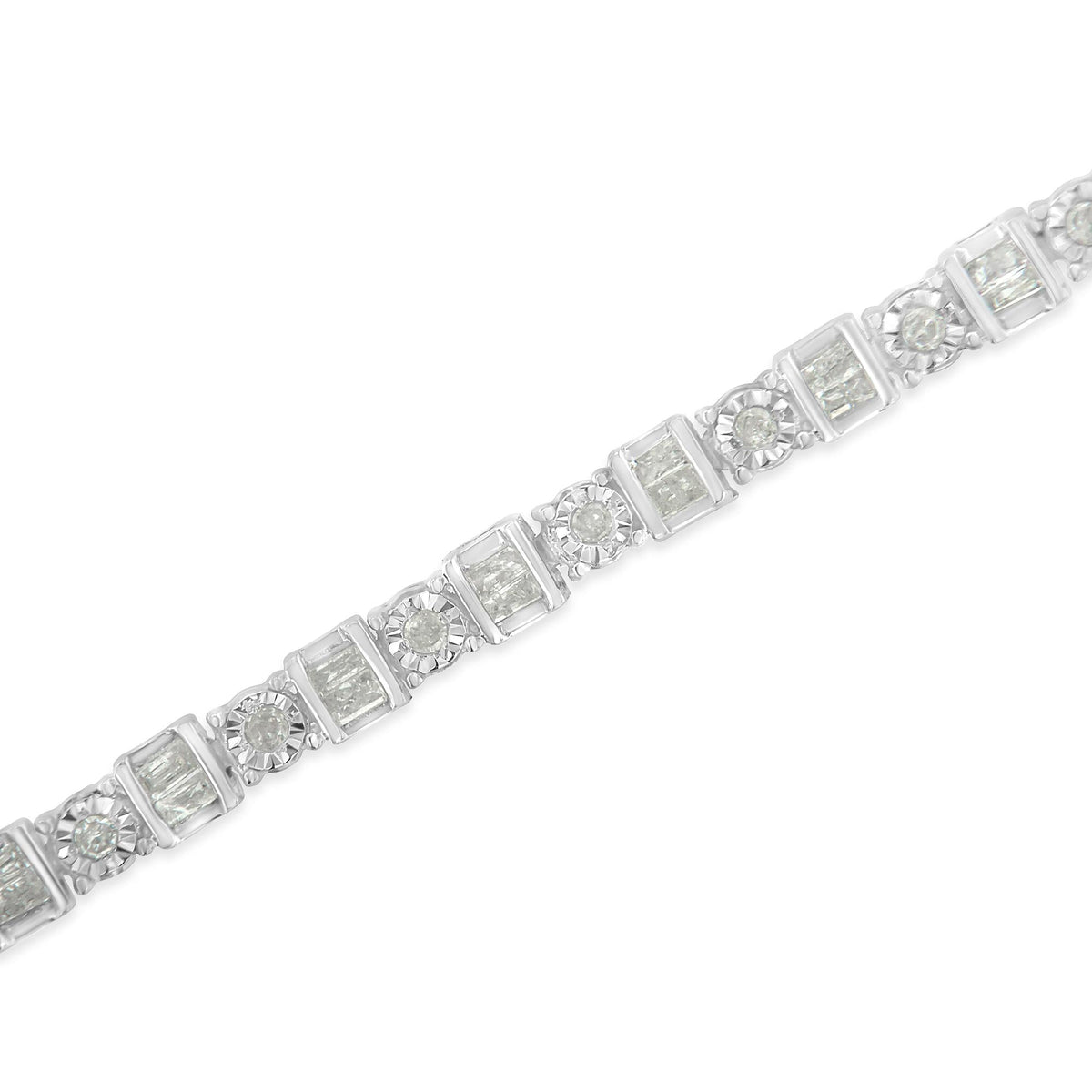 10K White Gold 1.0 Cttw Baguette & Round Diamond Alternating Link Tennis Bracelet (I-J Color, I2-I3 Clarity) - 7” - JackiEaslick