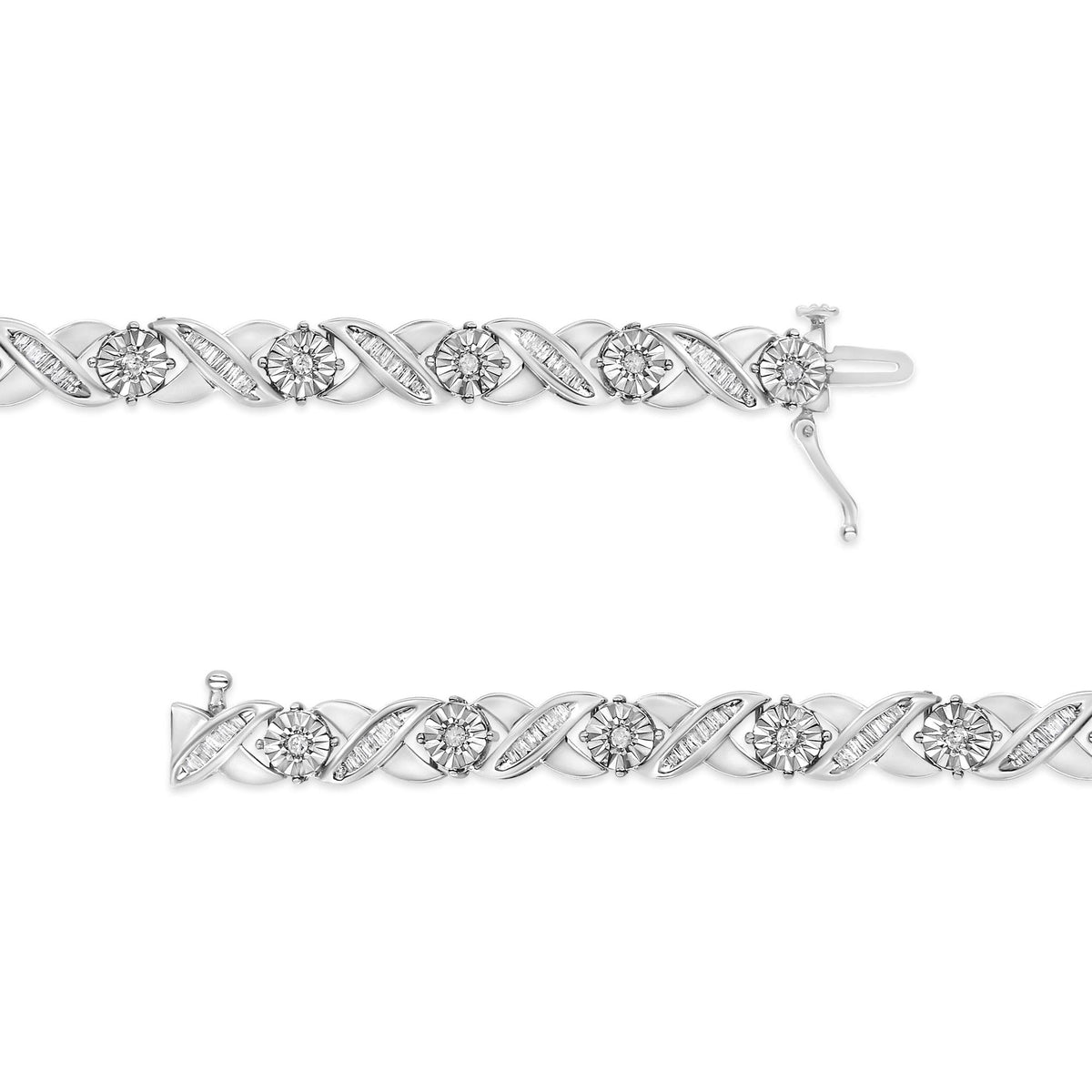 .925 Sterling Silver 1.0 Cttw Round-Brilliant and Baguette Cut Diamond Miracle-Set X-Link 7" Tennis Bracelet (I-J Color, I2-I3 Clarity) - JackiEaslick