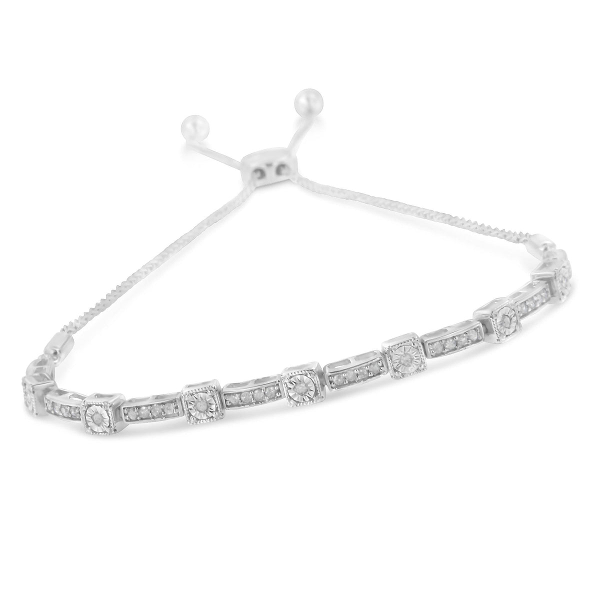 .925 Sterling Silver 1/4 Cttw Diamond 4”-10” Adjustable Bolo Alternating Square and Rectangle Bolo Bracelet (I-J Color, I3 Clarity) - JackiEaslick