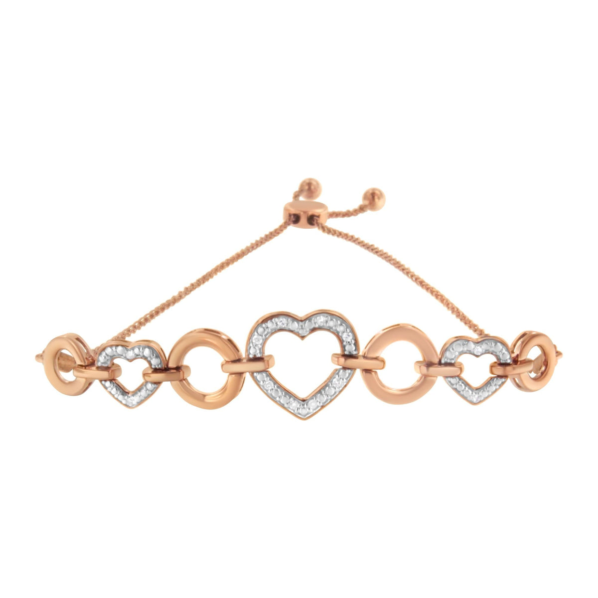 14K Rose Gold Plated .925 Sterling Silver Diamond Accent Circle and Heart Link Adjustable 6”-10” Bolo Bracelet (I-J Color, I3 Clarity) - JackiEaslick