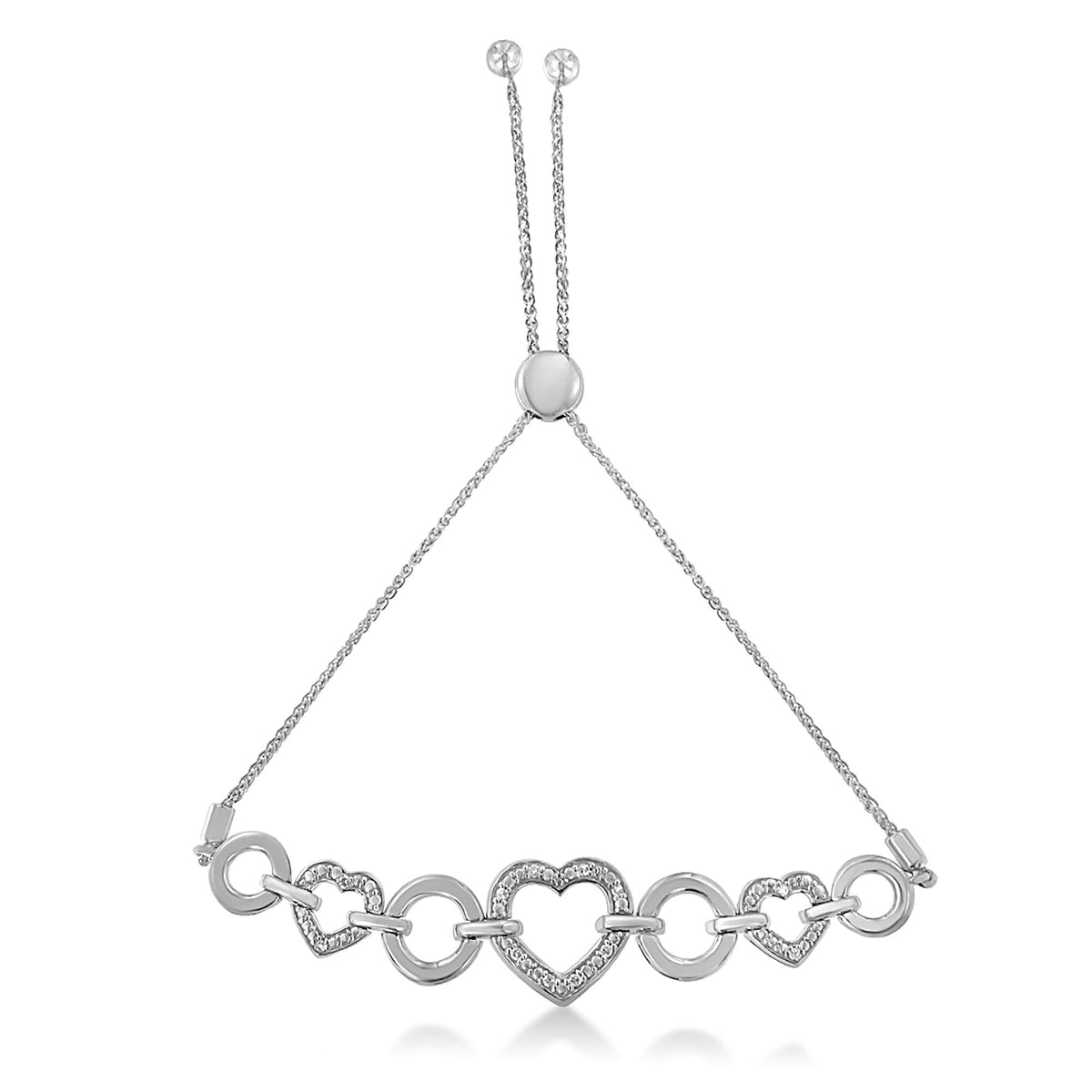 .925 Sterling Silver Diamond Accent Interlinking Triple Heart 4”-10” Adjustable Bolo Tennis Bracelet Bolo Bracelet (H-I Color, I2-I3 Clarity) - JackiEaslick