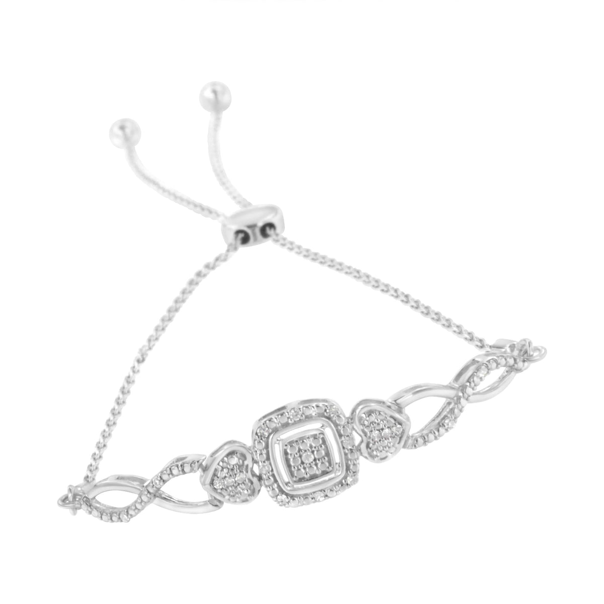 .925 Sterling Silver Diamond Cushion Frame Heart-Sides Twist 4”-10” Adjustable Bolo Tennis Bolo Bracelet (I-J Color, I3 Clarity) - JackiEaslick
