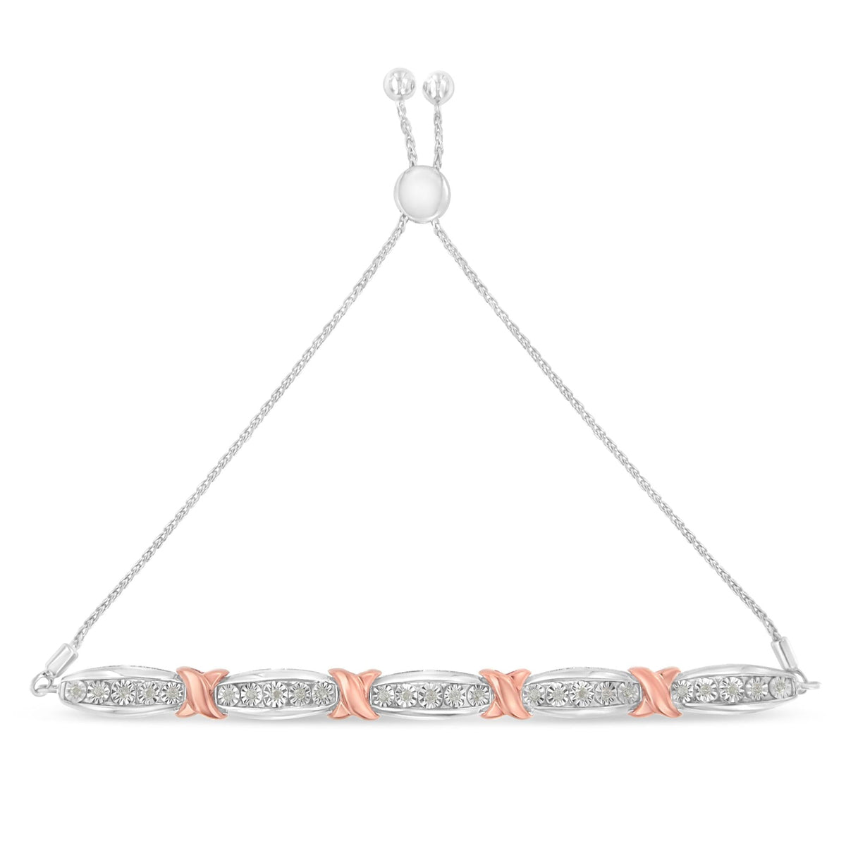 .925 Sterling Silver 1/4 Cttw Round-Cut Diamond X & Tapered Bar Miracle-Set Bolo Bracelet (I-J Color, I3 Clarity) - Two Tone Rose Gold & Silver - JackiEaslick