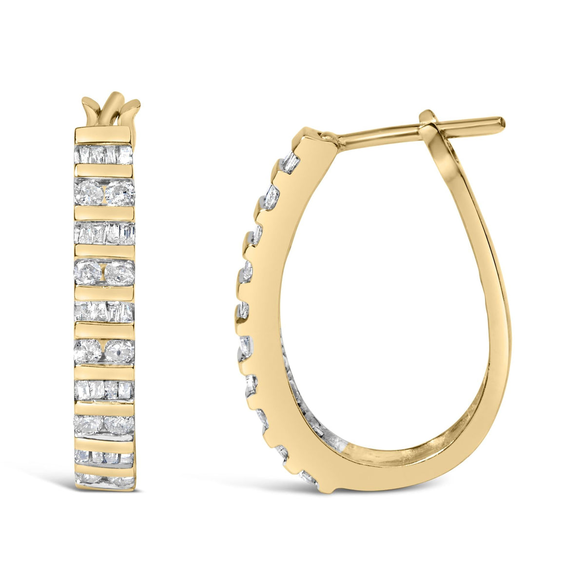 10K White Gold 1.0 Cttw Alternating  Diamond "U" Hoop Earrings (I-J Color, I2-I3 Clarity)