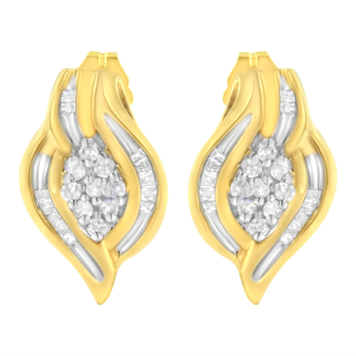 10K Yellow Gold 1/3 cttw Round-Cut Diamond Cluster and Swirl Stud Earrings (J-K Clarity, I2-I3 Color)