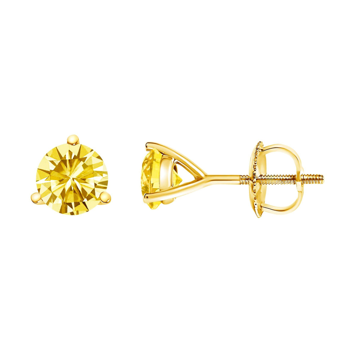 14K Gold 3-Prong Martini Set Yellow Lab Grown Diamond Solitaire Stud Earrings