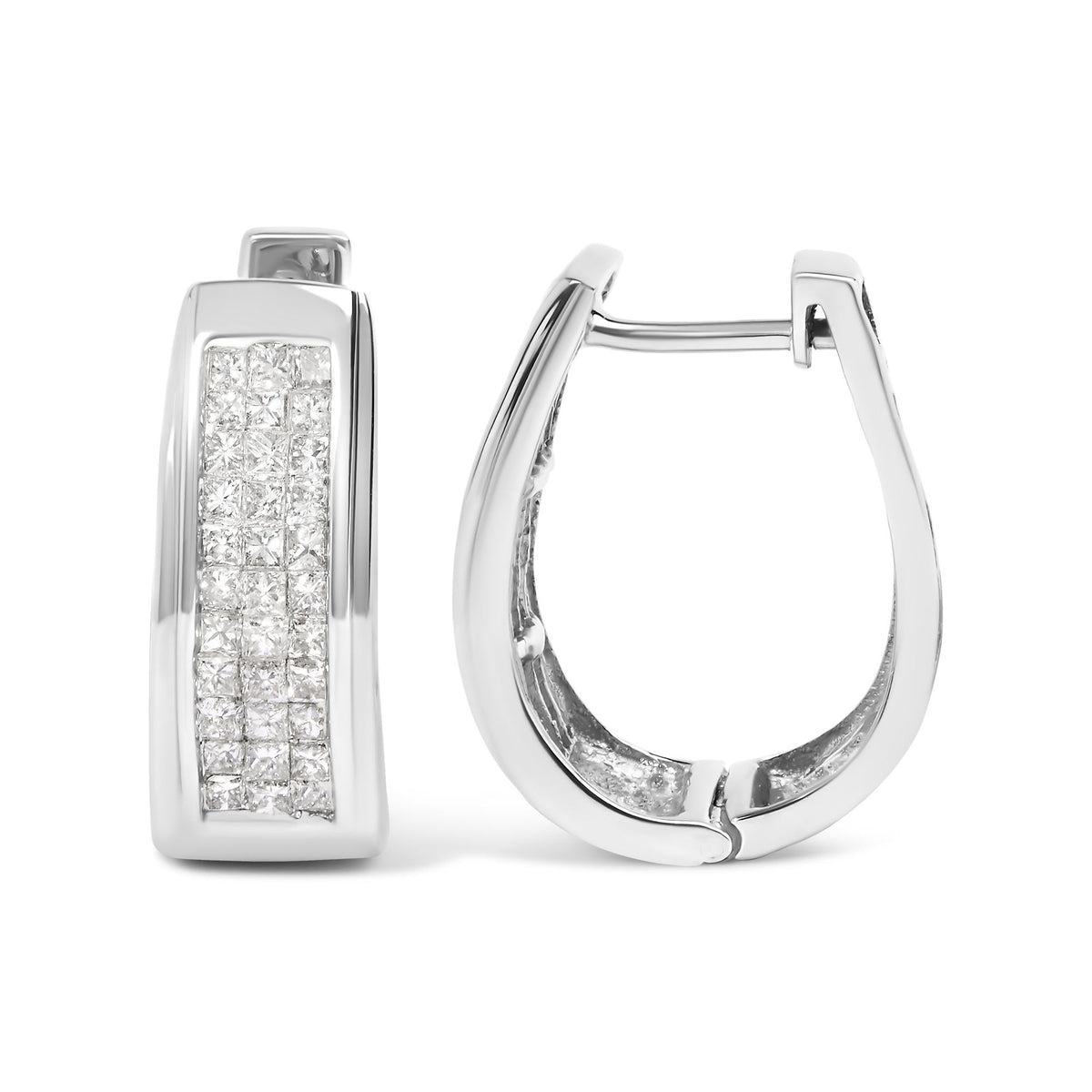 14K White Gold 1.0 Cttw Invisible Set Princess Cut Diamond Huggy Hoop Earrings (H-I Color, VS1-VS2 Clarity)