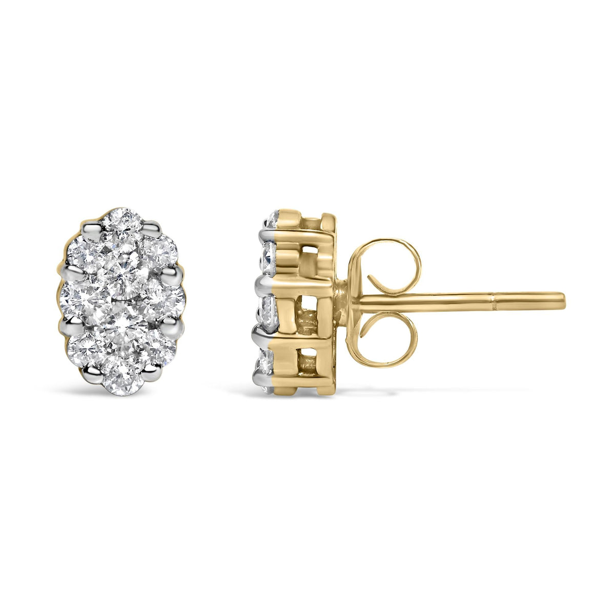 18K Yellow Gold 1.00 Diamond Oval Shaped Composite Cluster Stud Earrings (H-I Color, I1-I2 Clarity)