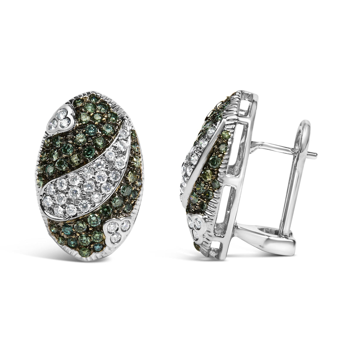 14K White Gold 2.00 Cttw White and Treated Blue Diamond Oval Shield Omega Back Earrings (H-I Color, SI1-SI2 Clarity)