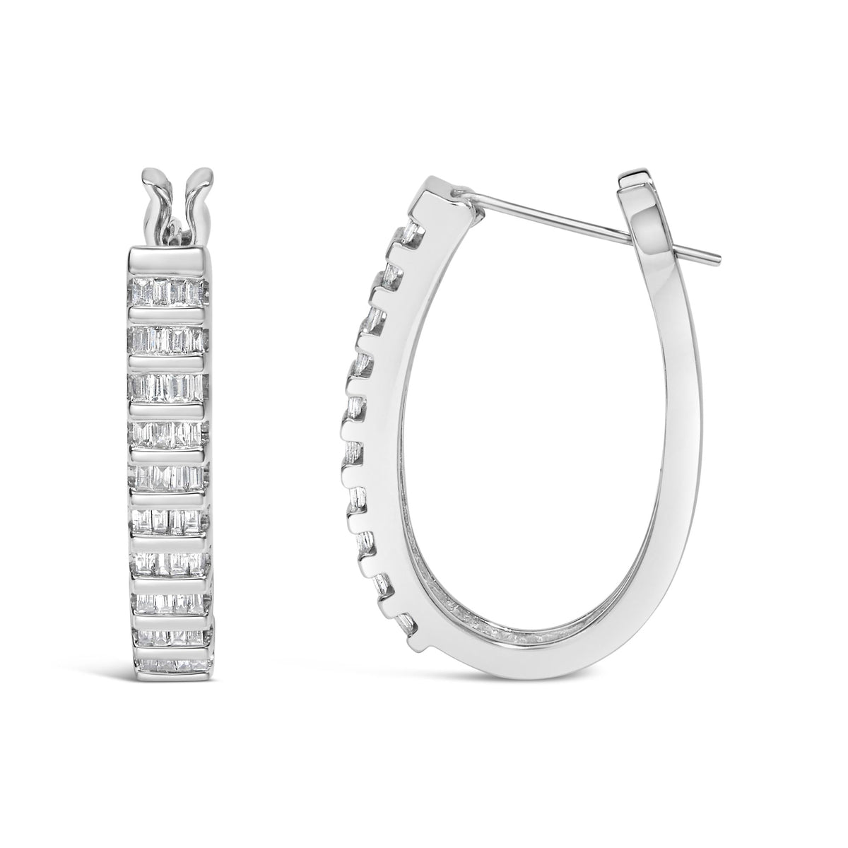 14K White Gold 5/8 Cttw Channel Set Baguette Diamond Row Hoop Earrings (H-I Color, SI1-SI2 Clarity)