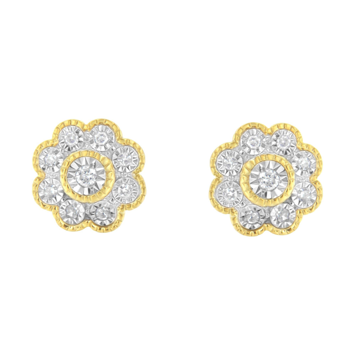 14K Yellow Gold Plated .925 Sterling Silver 1/6 Cttw Miracle-Plate Set Diamond Floral Stud Earrings (I-J Color, I2-I3 Clarity) - JackiEaslick