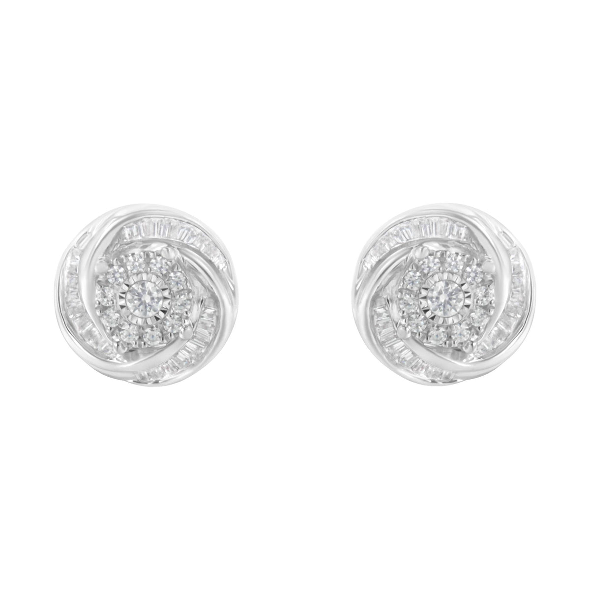 .925 Sterling Silver 3/4 Cttw Round and Baguette-Cut Diamond Love Knot Stud Earring (I-J Color, I2-I3 Clarity)